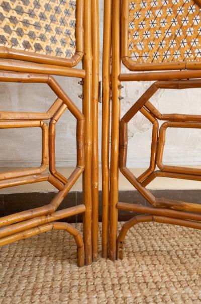 Folding Bamboo Screen With Woven Rush Panels 1970s