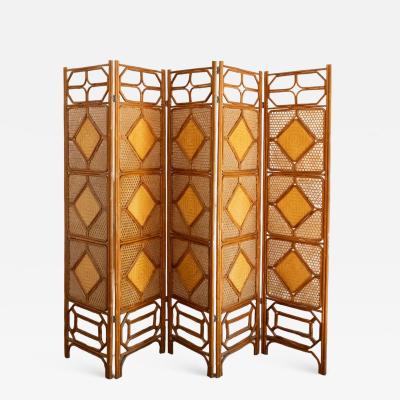 Folding Bamboo Screen With Woven Rush Panels 1970s