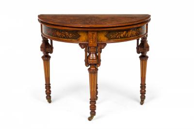 Folding Wood Demilune Console Table with Extendable Top and Floral Inlay