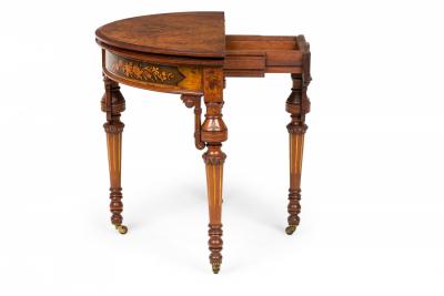 Folding Wood Demilune Console Table with Extendable Top and Floral Inlay