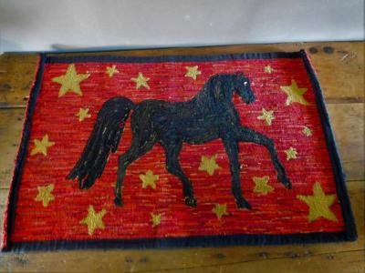 Folk Art Hooked Rug Depicting a Prancing Morgan Horse Vermont