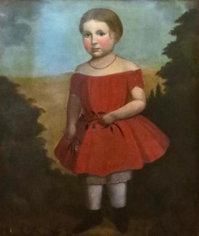 Folk Art Portrait Painting Young Girl In a Red Dress American Circa 1825