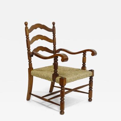 Folk Art Sculpted Wood and Straw Armchair