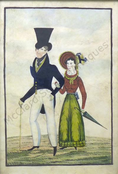 Folk Art Watercolor of Dapper Young Couple