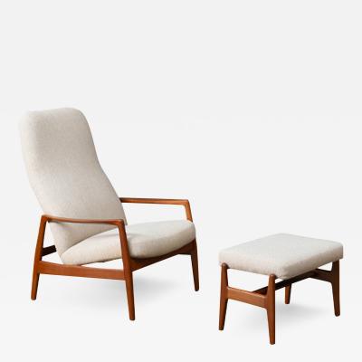 Mid-20th Century MCM Arm Lounge Chairs With Tapered Legs & Brass Sabots  Style of Folke Ohlsson for Dux