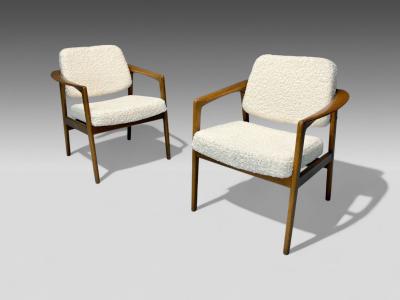 Folke Ohlsson Folke Ohlsson attr Swedish Modern White Shearling Oak Arm Chairs 1960s