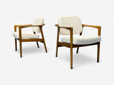 Folke Ohlsson Folke Ohlsson attr Swedish Modern White Shearling Oak Arm Chairs 1960s