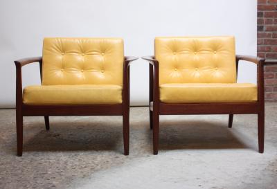 Folke Olhsson Swedish Modern Leather and Teak Lounge Chairs by Folke Ohlsson for Dux