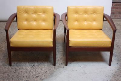Folke Olhsson Swedish Modern Leather and Teak Lounge Chairs by Folke Ohlsson for Dux