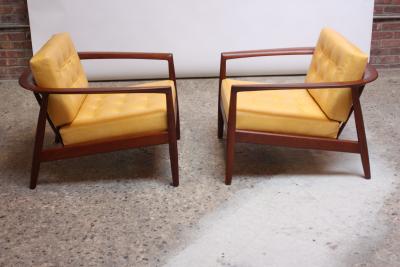 Folke Olhsson Swedish Modern Leather and Teak Lounge Chairs by Folke Ohlsson for Dux