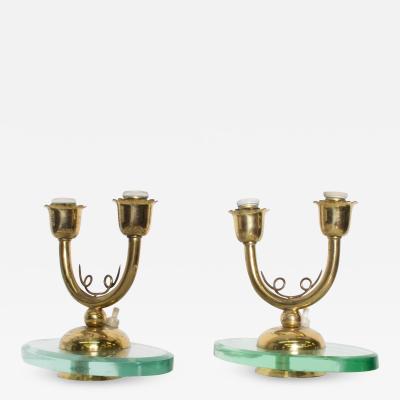 Fontana Arte Fontana Arte Gio Ponti Floating Brass Table Lamps on Italian Beveled Glass 1950s