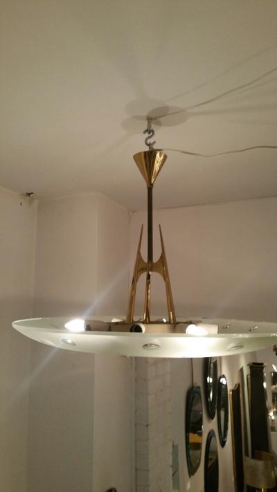 Fontana Arte Fontana Arte Rare Chandelier in Ground Glass and Gilt Brass Model 1758