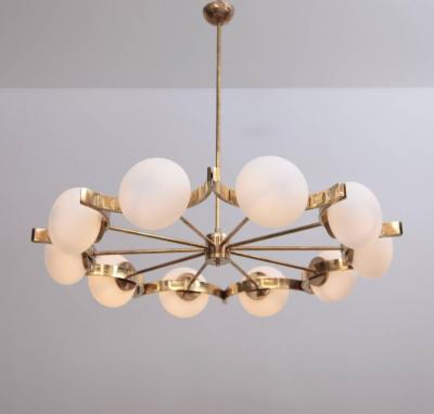 Fontana Arte Huge Murano Glass and Brass Chandelier in the Manner of Fontana Arte