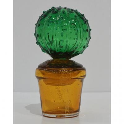 Formia Murano 1990s Vintage Italian Vivid Green Murano Glass Small Cactus Plant in Gold Pot