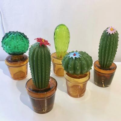 Formia Murano 1990s Vintage Italian Vivid Green Murano Glass Small Cactus Plant in Gold Pot