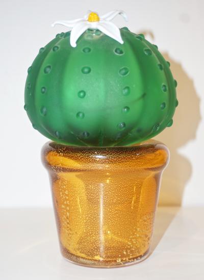 Formia Murano Formia 1990s Vintage Italian Green Murano Glass Cactus Plant with White Flower