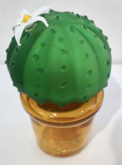 Formia Murano Formia 1990s Vintage Italian Green Murano Glass Cactus Plant with White Flower