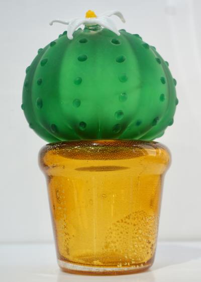 Formia Murano Formia 1990s Vintage Italian Green Murano Glass Cactus Plant with White Flower