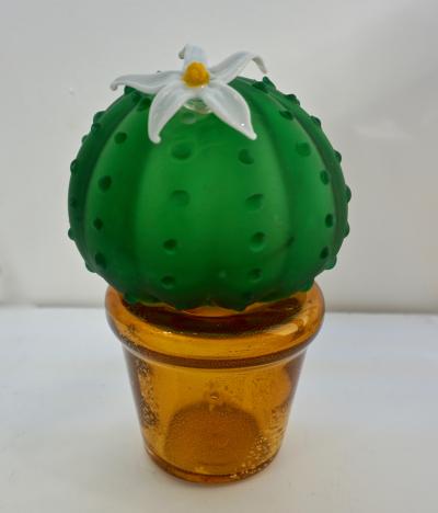 Formia Murano Formia 1990s Vintage Italian Green Murano Glass Cactus Plant with White Flower