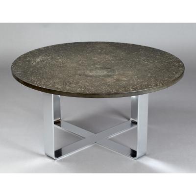 Fossil Embossed Table on Chromed Steel Base 1970s