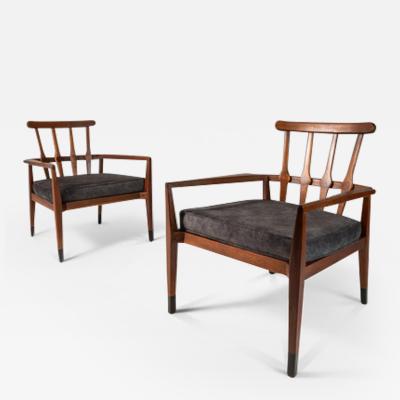 Foster McDavid Set of Two 2 Mid Century Modern Angular Arm Chairs in Walnut Velour