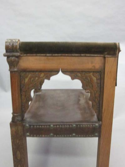 Four Franco Islamic Carved Wood and Leather Lounge Chairs