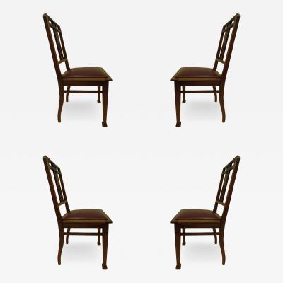Four French Early Modernist Wood Dining Chairs with Inlaid Brass Grid Back