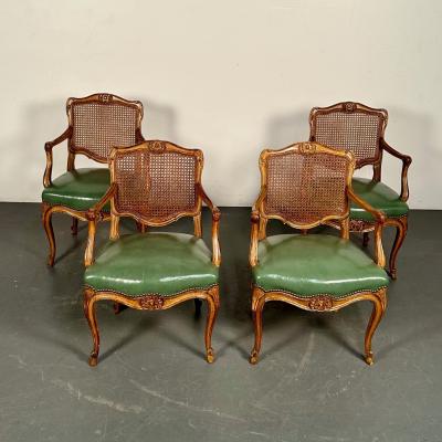 Four French Louis XV Style Fauteuils Office Chairs Cane and Leather