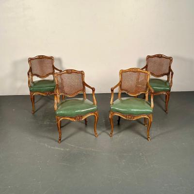 Four French Louis XV Style Fauteuils Office Chairs Cane and Leather