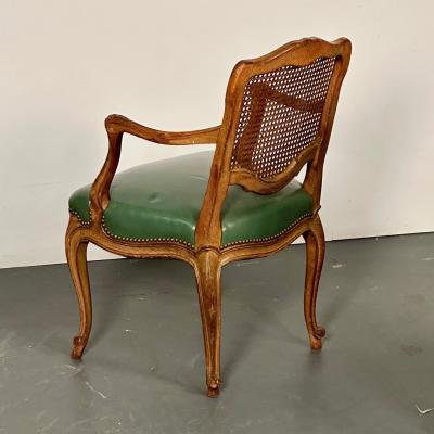 Four French Louis XV Style Fauteuils Office Chairs Cane and Leather