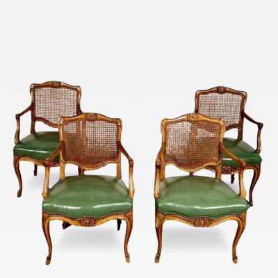 Four French Louis XV Style Fauteuils Office Chairs Cane and Leather