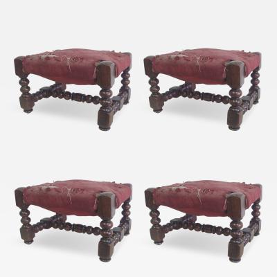 Four Italian 19th Century Hand Carved Wood Stacked Ball Footstools Ottomans