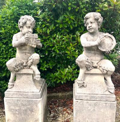 Four Italian Fauns Stone Garden Statues Representing Musicians