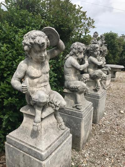 Four Italian Fauns Stone Garden Statues Representing Musicians