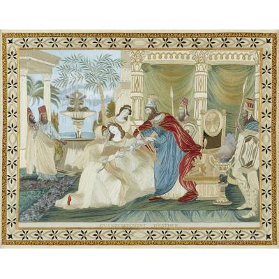 Four Jewish silk embroidered images from the Book of Esther