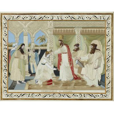 Four Jewish silk embroidered images from the Book of Esther