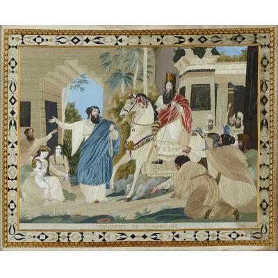 Four Jewish silk embroidered images from the Book of Esther