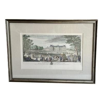 Framed Antique 18th C Hand Colored Print of Luxembourg Gardens by Regaud