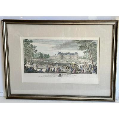 Framed Antique 18th C Hand Colored Print of Luxembourg Gardens by Regaud