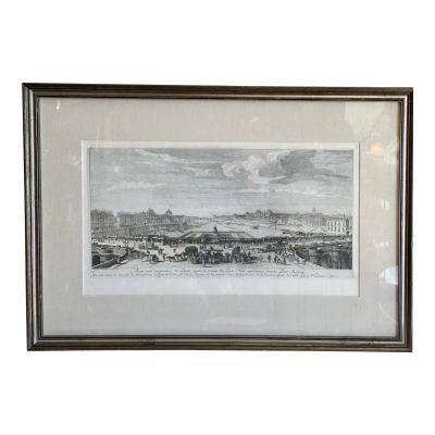 Framed Antique 18th C Hand Colored Print of Paris From the Pont Neuf by J Rigaut