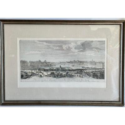 Framed Antique 18th C Hand Colored Print of Paris From the Pont Neuf by J Rigaut