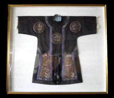 Framed Antique Chinese Silk Robe with Dragon Design