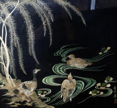 Framed Antique Japanese Embroidered Silk Panel Signed