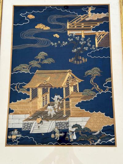 Framed Antique Japanese Embroidery Fukusa Textile Panel