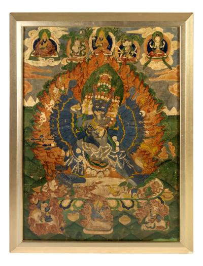 Framed Antique Tibetan Thangka of Yamantaka with Consort