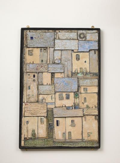 Framed Ceramic Wall Art of a Village France 1960s