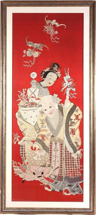 Framed Chinese Embroidery Panel of Longevity Deities