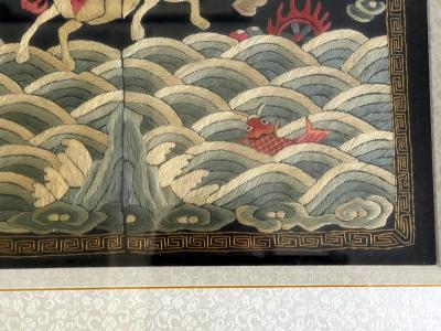 Framed Chinese Qing Dynasty Embroidered Ninth Military Rank Badge