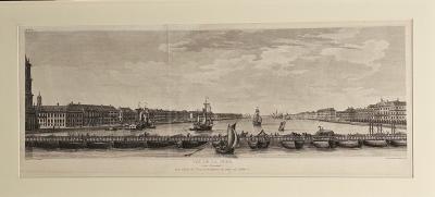 Framed Engraving of floating bridge on Neva in St Petersberg c 1750