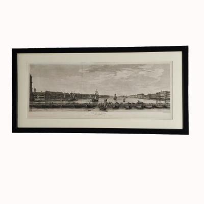 Framed Engraving of floating bridge on Neva in St Petersberg c 1750